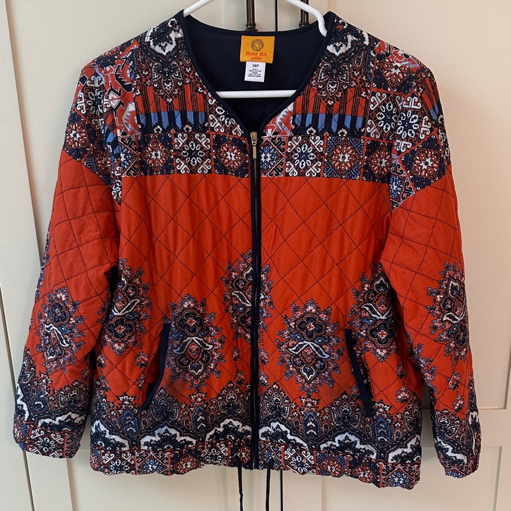 Ruby Rd. Vibrant Orange and Navy Patterned Bomber Jacket